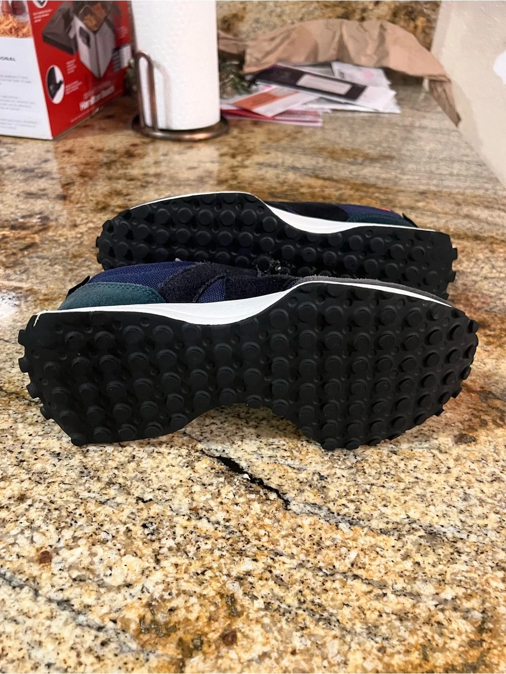 New Balance navy, gray & black sneakers with coral trim